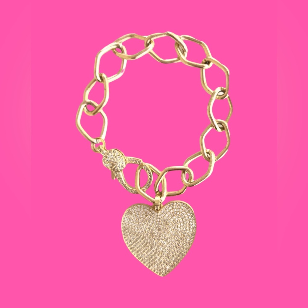 Pave Gold Heart and Gold Chain Bracelet